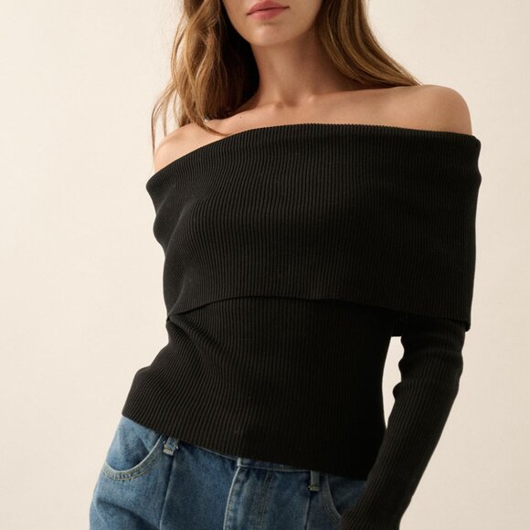 Billie Rib-Knit Off-Shoulder Foldover Top | Women's Black Blouse | Trendy Style - Picture 7 of 11